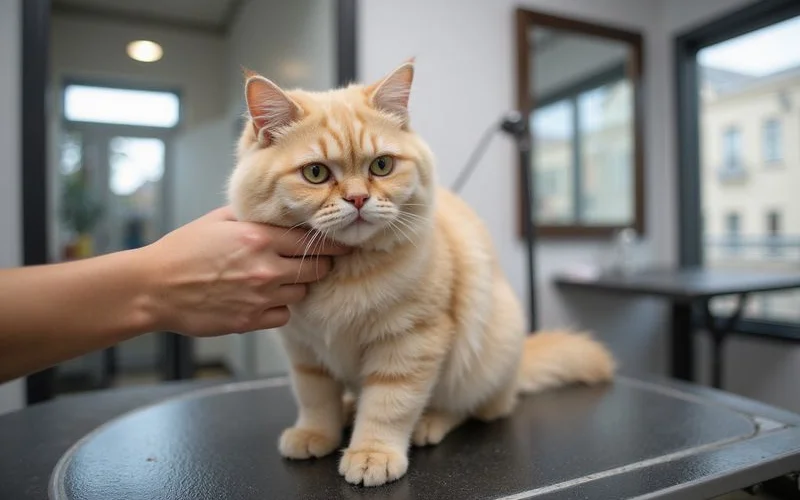 A calm cat sitting in a clean grooming station being gently combed by a patient groomer in a bright Puchong pet salon