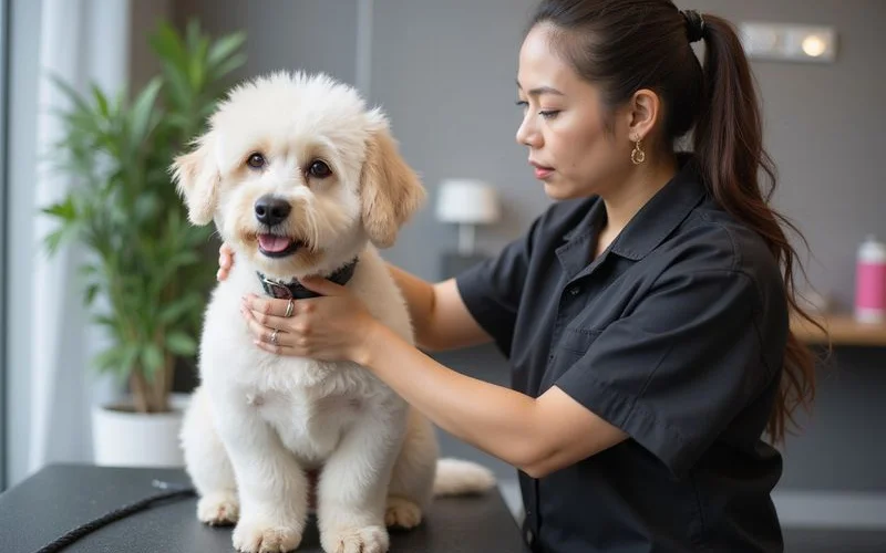 A professional pet groomer carefully trimming a small dog on a grooming table inside a clean, well-lit pet salon in Puchong