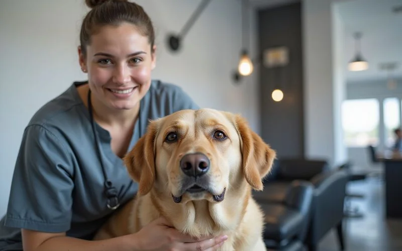 A cheerful pet groomer in a clean Puchong salon gently brushing a calm, fluffy dog while the owner watches approvingly in the background