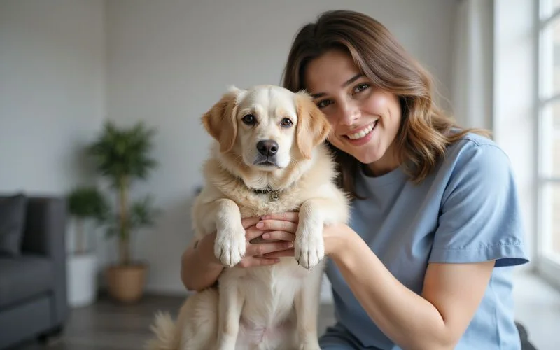 A happy dog owner receiving their freshly groomed pet from a smiling groomer at the reception desk of a Puchong pet grooming shop