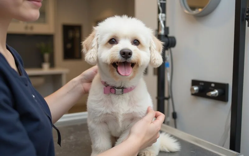 A friendly pet groomer in Puchong carefully bathing a fluffy dog in a clean, well-lit salon with grooming tools visible in the background